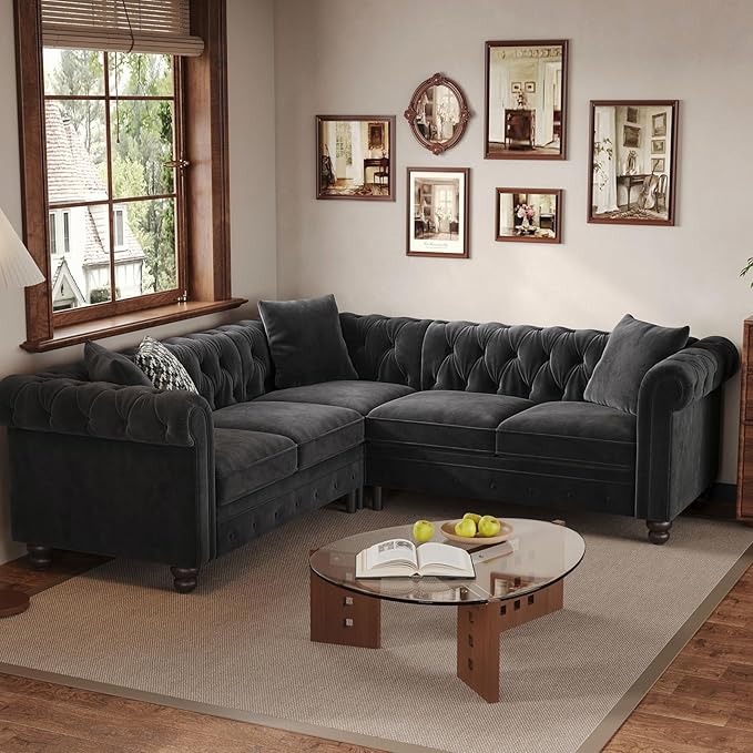 ONBRILL Velvet Chesterfield Sofa, L Shaped Sectional Sofa with Tufted Back & Rolled Arms, 3 Throw Pillows, Small Corner Sectional Couch for Living Room, Apartment, Black | Velvet Fabric