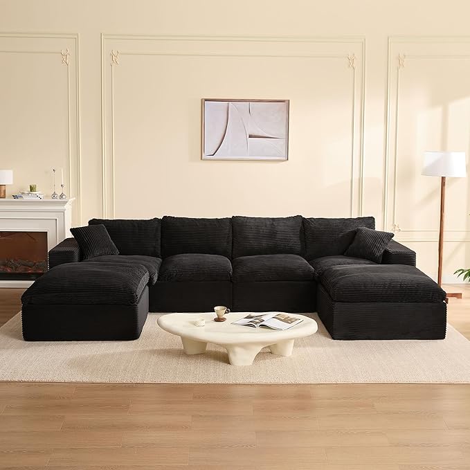 137.8” Sectional Couches for Living Room, Set of Cloud Couch, Modular Sectional Sofa, Convertible Sofas Bed, Deep Seat Sofa, U Shaped Cozy Sofa Furniture Set, Corduroy, Black