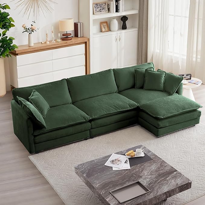mikibama Modular Sectional Sofa, 111.5 Inch L Shaped Couch Set for Living Room, 3-Seater Comfy Cloud Couches with Movable Ottoman, DIY Combination, Chenille, Evergreen