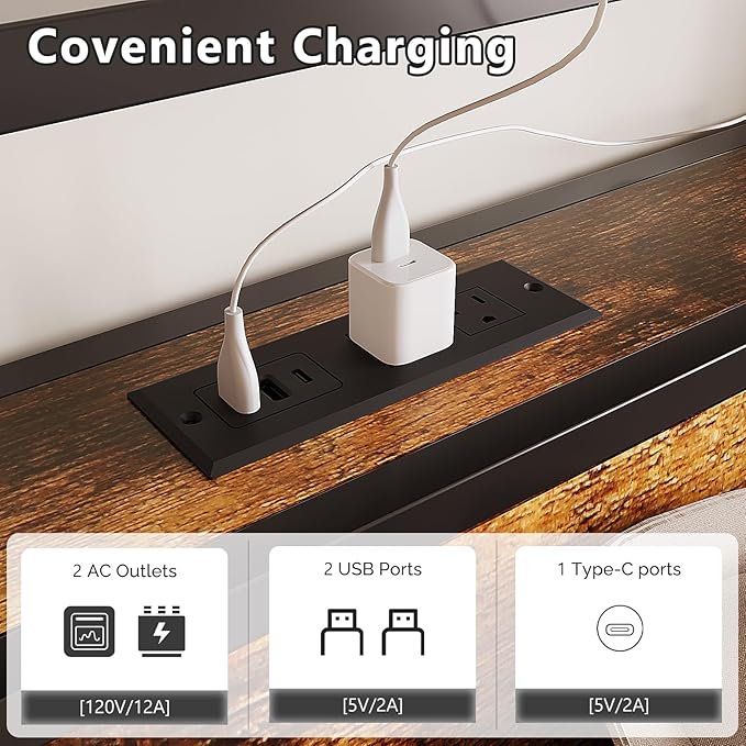 VINGLI Bed Frame Twin Size with 4 Storage Drawers and Storage Headboard, Metal Platform with Charging Station and LED Lights, No Box Spring Needed, Easy Assembly, Vintage Brown