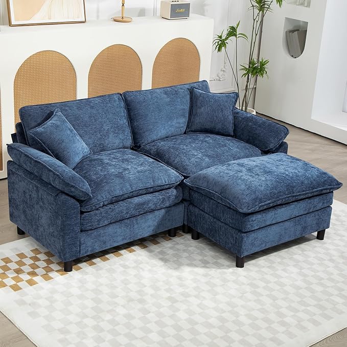 Oversized Modular Sectional Sofa, 80 Inch L Shaped Cloud Couch Set, 2-Seat Comfy Convertible Sofa with 1 Movable Ottoman, DIY Combination Sleeper Couch for Living Room(Chenille, Blue)