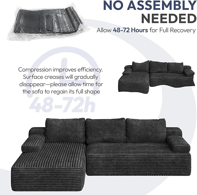 Yaheetech 110" Modular Sectional Sofa Corduroy Boneless Couch with Chaise L-Shape Cloud Couch with Detachable Pillows No Assembly Sofa for Living Room, Dark Gray