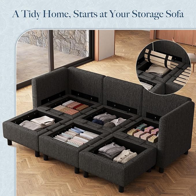 Belffin 84.3" Modular Sectional Sofa 6 Seats Sleeper Sofa Washable Sectional Couches for Living Room Comfy Couches with Storage Deep Seat Couch Sofas with Chaise,Dark Grey