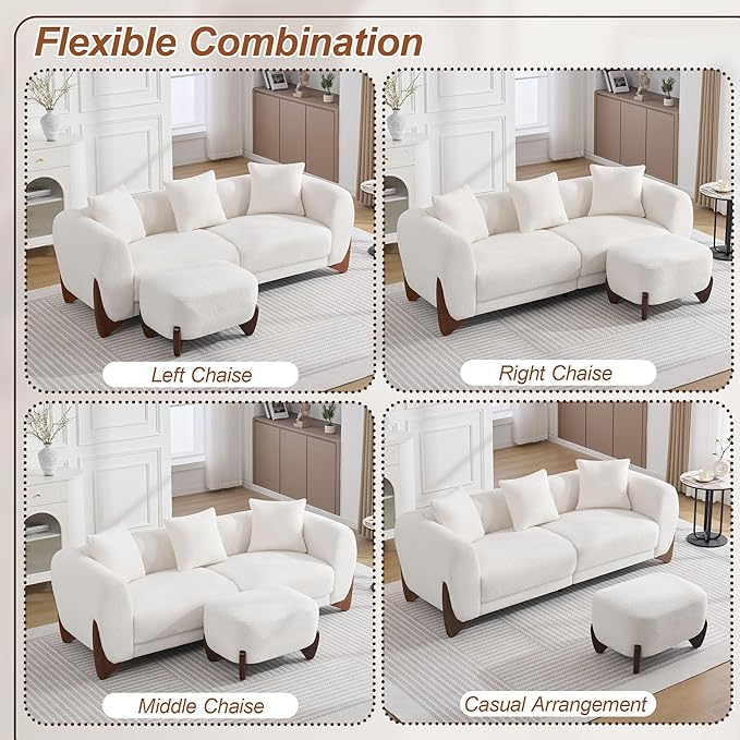 28.7" Sherpa Boucle Ottoman with Solid Wood Legs, Modern Upholstered Footstool, Comfy Ottoman for Living Room, Bedroom, White