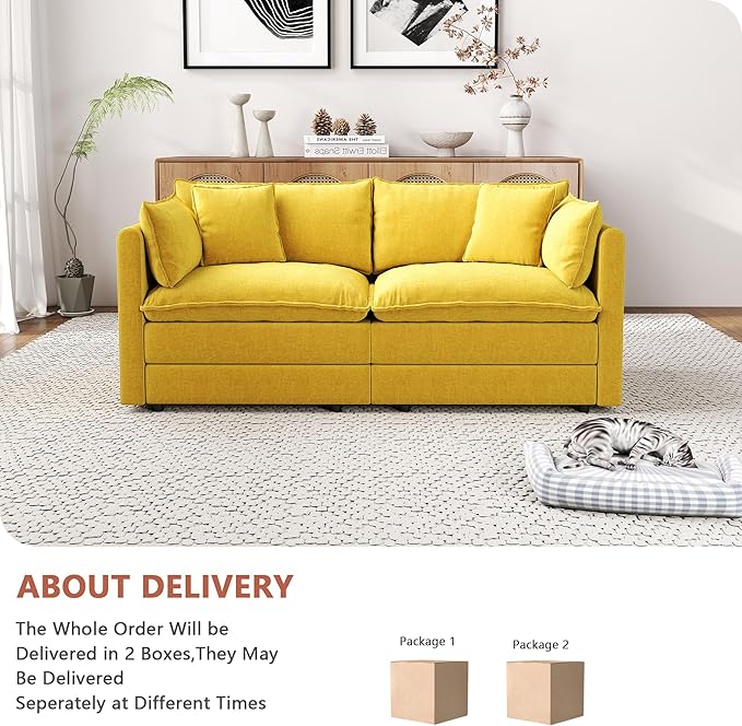 Setawix Chenille Loveseat Sofa Couch with Deep Seat,Large 2 Seater Cloud Couches for Living Room,77.16" Roomy Cloud Sofas,Modular Sectional 2 Seat Sofa with Pillows for Bedroom. (Yellow, 2 Seater)