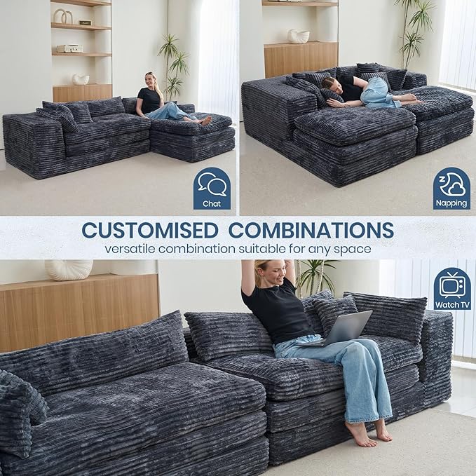 Belffin Boneless Cloud L Shaped Couch with Deep Seat Plush Corduroy Boneless Modular Cloud Sectional Couches for Living Room. Right Facing Chaise. Grey Sofa