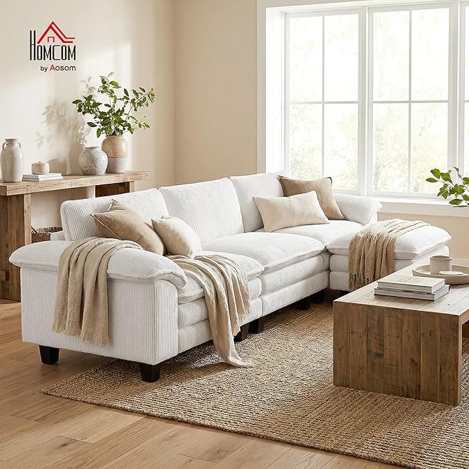 HOMCOM Modular Sectional Sofa Couch 124" Oversized L Shape Sectional Cloud Couch with Deep Seat, Movable Ottoman and Pillow-top Armrests for Living Room, Bedroom and Apartment, Beige | Deep seat