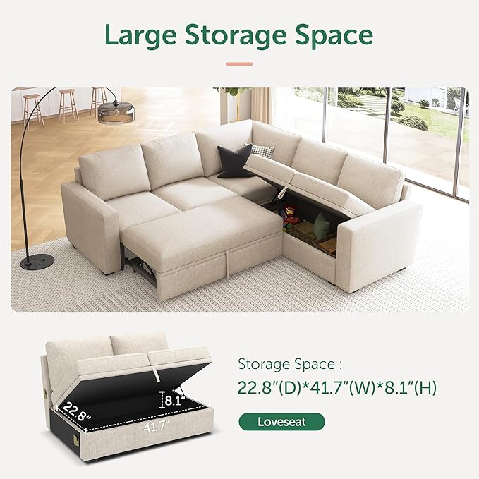 HONBAY Modular Sectional Sleeper Sofa with Pull Out Bed, L Shaped Couch with Storage Seat, Convertible Sectional Couches for Living Room, Beige