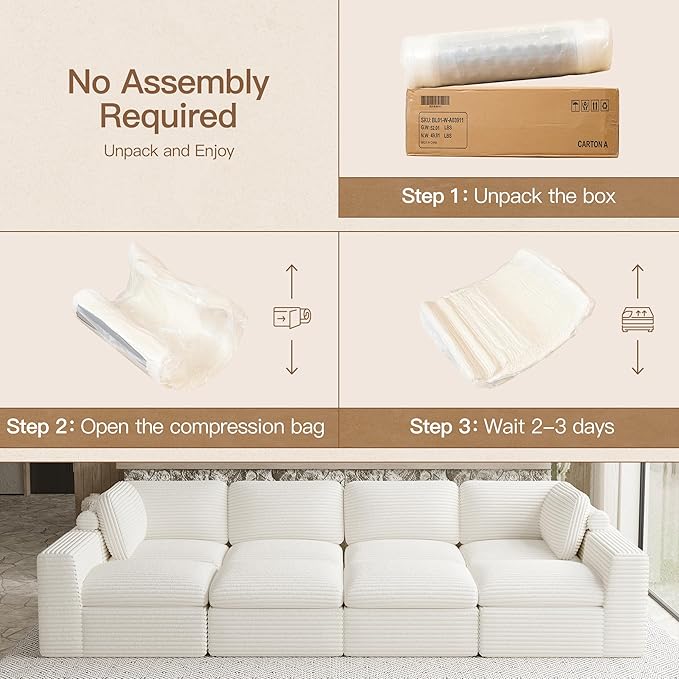 Boneless Modular Sectional Sleeper Sofa Bed Plush Corduroy Cloud Sectional Couches for Living Room with Deep Seat. White Couch.