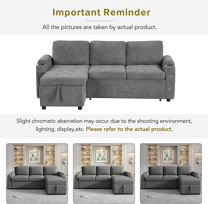 Harper & Bright Designs 83.5" L-Shaped Sofa Couch Convertible Sofa Bed Sectional Sofa with Ample Storage Space, Two Cup Holders and Two USB Ports for Living Room, Gray