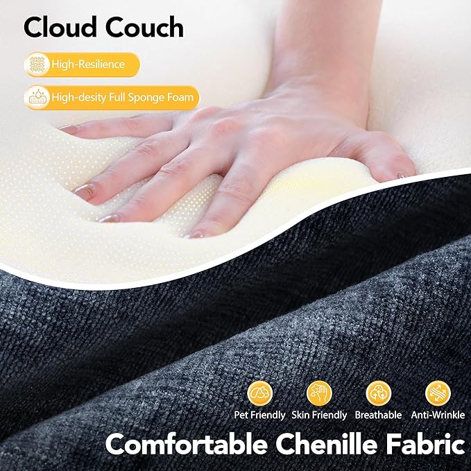 86.6" Cloud Boneless Sectional Sofa for Living Room, 3-Seater Modular Couch for Small Apartments with 2 Ottomans, Deep Seat Chenille Fabric Sofa, No Assembly Required, 72H Full Restore, Blue