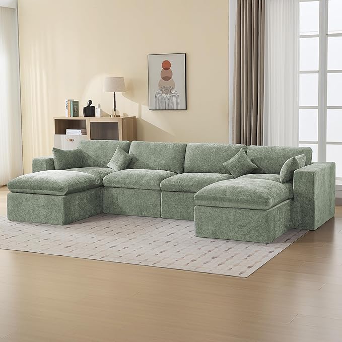 155''Cloud Boneless Sectional Couch, Modular Sectional Sofa Deep Seat with 2 Ottomans, Oversized Upholstered Convertible Comfy 6 Seater Chenille Sofa U Shape Couches for Living Room, Green