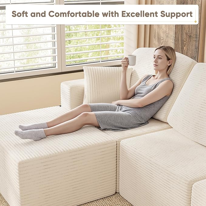 YESHOMY 98.4" Boneless Couches for Living Room, Comfy Modular Sectional Couch, Cloud Couch with Deep Seat, L-Shaped Sofa with Ottoman, Beige
