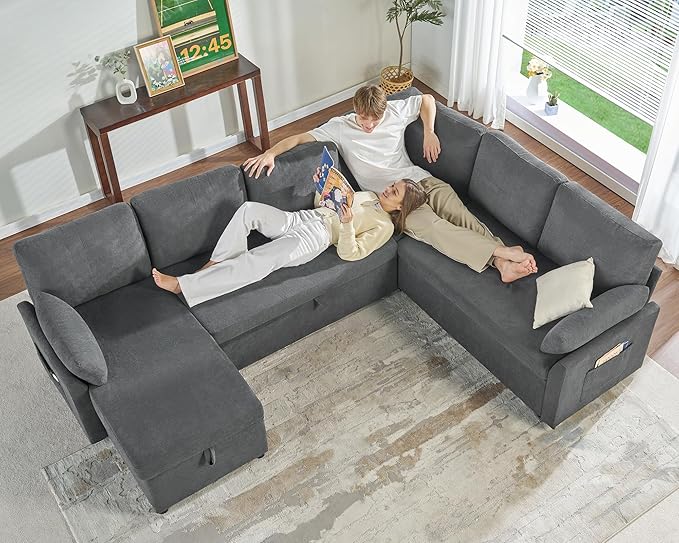 VanAcc Pull Out Sofa, 112 Inch Oversized U Shape Sleeper Sofa Couch with Storage Chaise & 3 Seater, Comfy Couch with Pull Out Bed for Living Room, Grey Linen