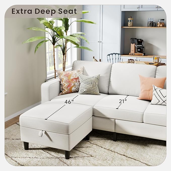 Sectional Sofa and Couches for Living Room, 78'' Beige 3 Seat L-Shaped Couch with Movable Ottoman, Comfy Linen Convertible Sectionals Sofas with Chaise for Apartment, Dorm, Small Space