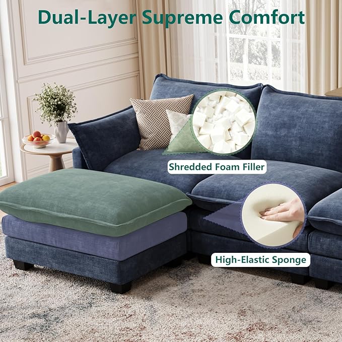 Modular Sectional U Shaped Sofa Couches for Living Room, Cloud Couch with Movable Ottoman, Comfy Chenille Sofa with Pillow for Bedroom and Apartment,Blue