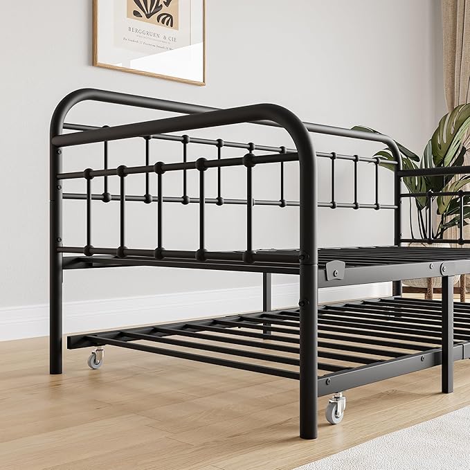 JURMERRY Metal Daybed Frame with Trundle Twin Size Heavy Duty Steel Slats Support Platform Furniture,Textured Black…