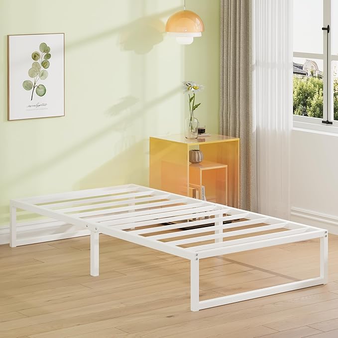 EMODA 12 Inch Twin Bed Frames, Metal Platform Bed Frame Twin No Box Spring Needed, Heavy Duty Steel Slats Support, Easy Assembly, Noise Free, White