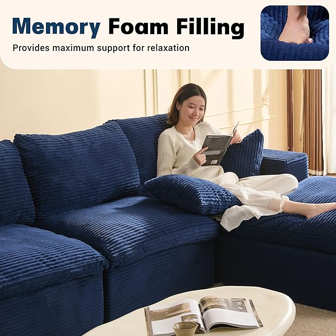 106.3” Sectional Couches for Living Room, Set of Cloud Couch, Modular Sectional Sofa, Convertible Sofas Bed, Deep Seat Sofa, L Shaped Cozy Sofa Furniture Set, Corduroy, Blue