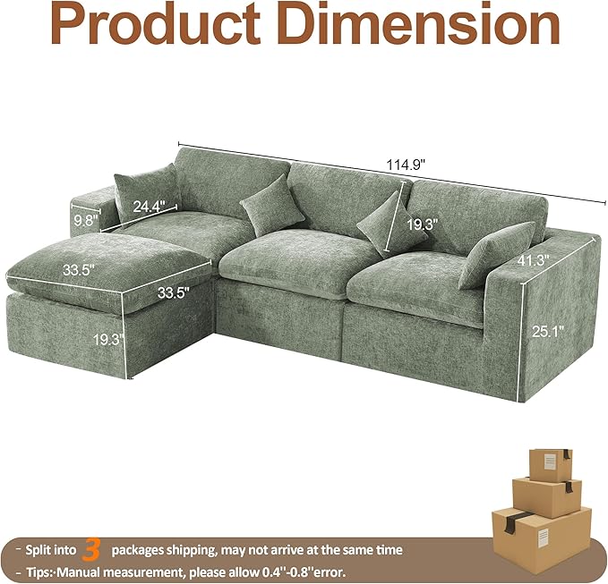 115''Cloud Boneless Sectional Couch, Modular Sectional Sofa Deep Seat with Ottoman, Oversized Upholstered Convertible Comfy 4 Seater Chenille Sofa L Shape Couches for Living Room, Green