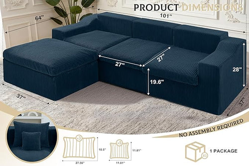 101" Modular Couch Sectionals with Ottoman, Big Comfy Cloud Couches, L Shaped 4 Seat Modular Sectional Sofa, Sectional Double Cushion Couches with Deep Seat for Living Room,No Assembly Required(Blue)