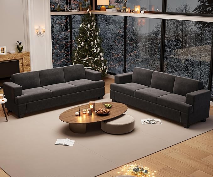 YOUDENOVA 2 Piece Set Comfy Sofa Couch, 2 3-Seater Sofa with Deep Seats, Modern Sleeper Couch for Living Room, Dark Grey Chenille