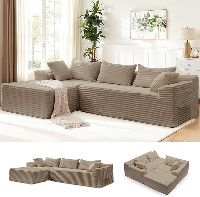 110" L-Shaped Modular Sectional Sofa with Chaise, Boneless Comfy Corduroy Fluffy Couch with Deep Seat and Side Pockets, Flexible Module Combination for Living Room, No Assembly, Side Pockets