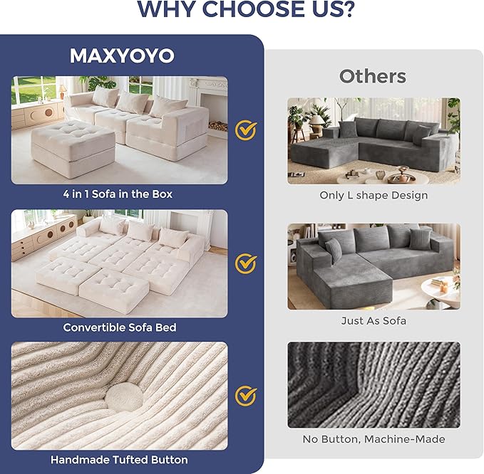 MAXYOYO Modular Sectional Sofa Couch, Foldable L-Shaped Folding Sofa Bed with Ottoman, Convertible Sectional Couch Corded Tufted Floor Sofa Lounger with Pillows for Living Room, No Assembly, Beige