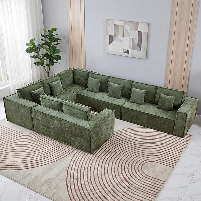 167'' Boneless Chenille U Shaped Couch, Oversized Modular Sectional 9 Seater Sofa, Modern Deep Seat Corner Cloud Compressed Couch, No Assembly Sleeper Sofa with Chaise for Living Room, Green