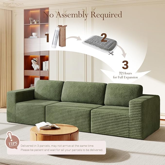 Vesgantti 119" Modular Sectional Sofa, Corduroy Cloud Couch with Deep Seating & Spring Support, 3 Seater Flexible Layout Sofa, Boneless Couch for Living Room & Apartment, No Assembly Required, Green