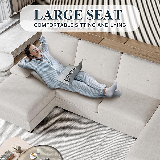 Meilocar 106" U Shaped Sectional Sofa for Living Room, 4-Seat Fabric Couch with Double Chaise Longue, Comfortable Large Sectional with 300lbs Capacity per Seat for Apartment & Home, Pure White