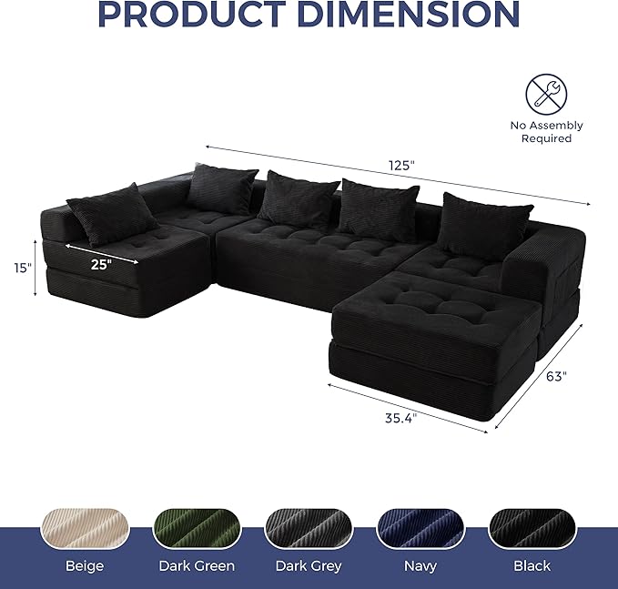 MAXYOYO Modular Sectional Sofa Couch, Foldable U Shaped Cloud Couch with Pillows, Tufted 6-Seat Boneless Sleeper Lounger Floor Sofa Bed for Living Room, No Assembly Required, Black