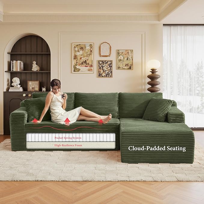 96" Sectional Couches for Living Room Cloud Couch Sofa with L-Shape Upholstered Boneless Couchs Modern Modular Sectional Couch with Chaise (Green, 96" W+Right Facing Chaise+2Seaters)