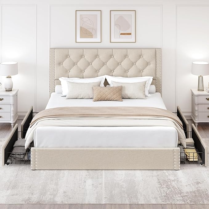 LARMACE Queen Size Bed Frame with 4 Storage Drawers and Tufted Headboard Linen Upholstered Platform Bed Frame with Heavy Duty Wood Slats, No Box Spring Needed, Easy Assembly, Beige