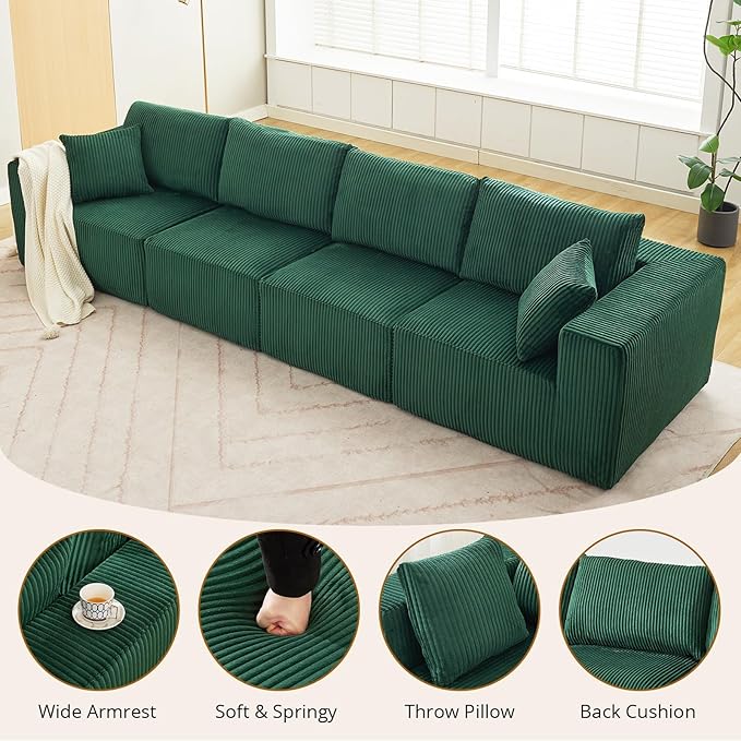 Sectional Cloud Boneless Couch 137" Modern Comfy Linear Straight No Assembly Required Convertible Compression Sleeper Modular Sofa with Corduroy Fabric 4 Deep Seat Single for Living Room