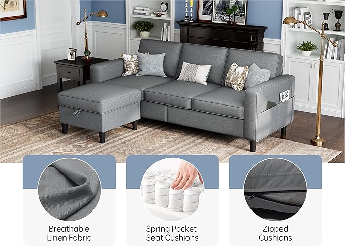 Sectional Sofas Couches for Living Room Convertible L Shaped Couch | Sofa with Ottoman, Washable Sofa Covers, 78" Small Couch, Grey Linen Fabric, 3 Seat Storage Couch