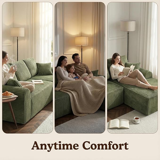 109“L-Shaped Sectional Sofa Boneless Couch Upholstery Cloud Modular Couch with Chaise No Assembly Required Corduroy Fabric Combination Deep Seat Living Room Bedroom(Green, Right Hand Facing)