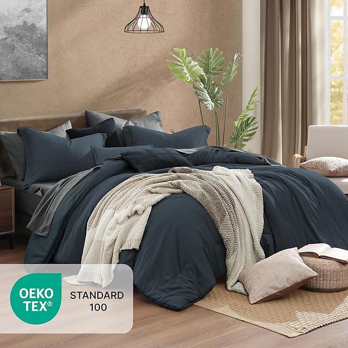 Monbix Full Size Comforter Set, Navy Blue Bedding Comforter for Full Size Bed Set Reversible, Bedding Sets Full 7 Pieces, Cationic Dyeing Bed in a Bag with Comforter, Sheets, Pillowcases & Shams