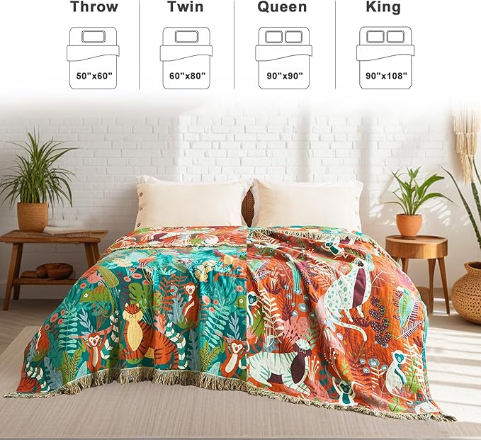 LUTBM Throw Blanket for Couch Sofa Soft Cotton Spring Blankets for Bedroom Living Room All Season Reversible Forest Animals Whimsical Home Decor 50"x60" Breathable Throws