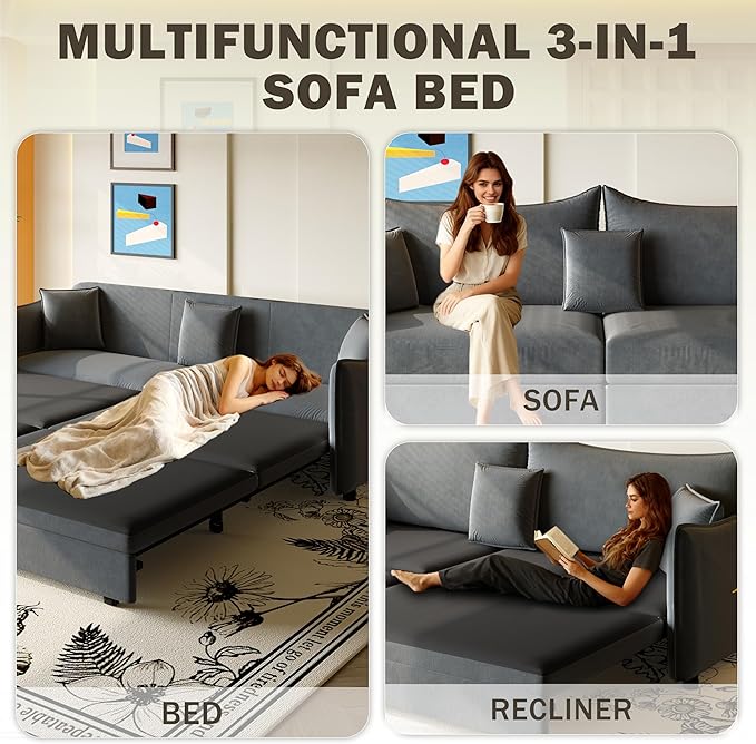 KEIKI 81.9" 3-in-1 Convertible Sofa Bed, Modern Velvet Sleeper Couch with Reinforced Frame, Pull Out Futon Sofa for Apartments, Guest Rooms, Dorms, Studios & Small Living Spaces