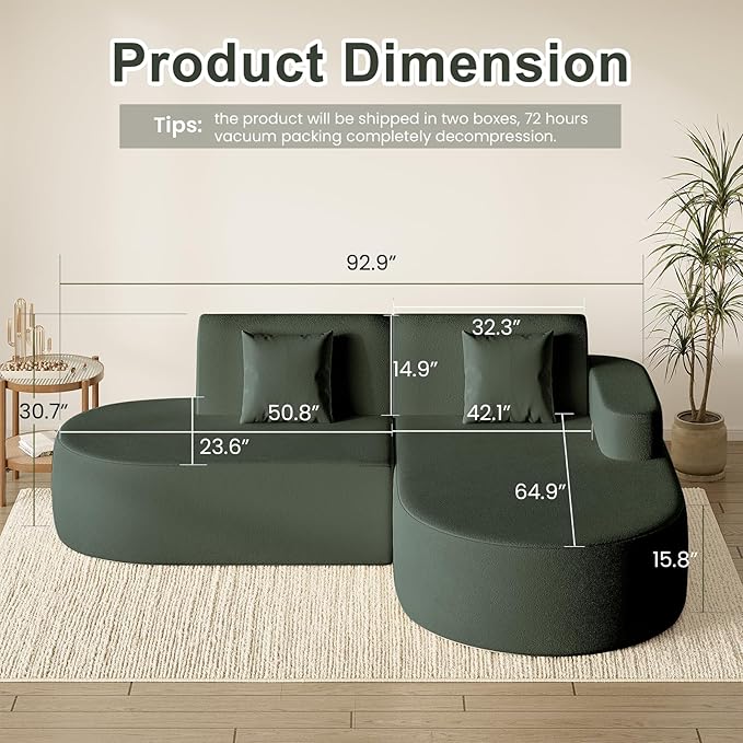 MELLCOM Modern Curved Boneless Sofa Couch, L-Shaped Corner Sofa, No Assembly Needed, Chenille Upholstered Cloud Sectional Couch for Living Room, Bedroom and Apartment (Green, Right Hand Facing)