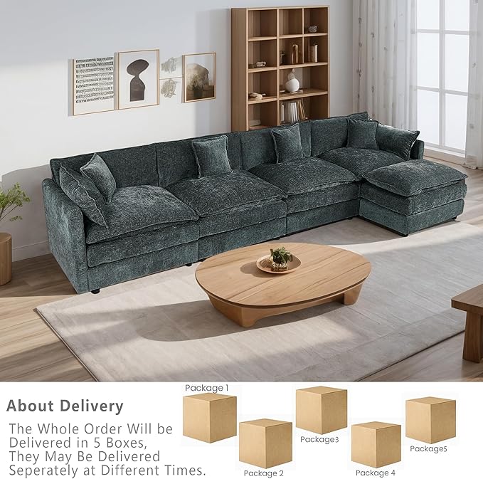 Setawix Deep 4 Seater Couch with Ottoman,147.22" L-Shaped Cloud Couches for Living Room,Chenille Cloud Sofa Couch with Deep Seat,Modular Sectional L Shape 4 Seat Sofa for Bedroom (Grey, 4+1)