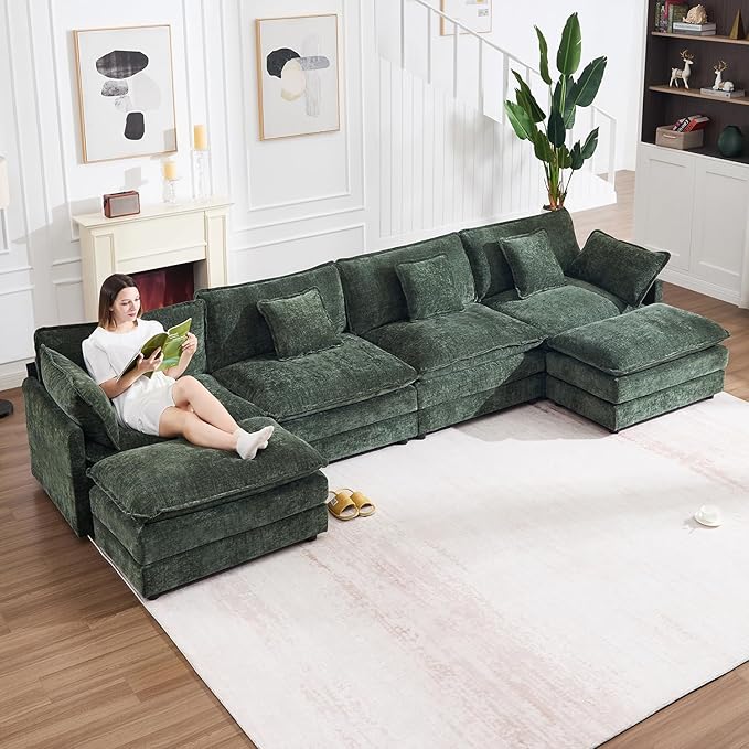 147" Modular Sectional Sofa, Oversized U Shaped Sectionals Cloud Couch, Big Comfy Couch with 2 Ottomans, 6 Seater Chenille Sectional Sofa with Deep Seat and 6 Pillows for Living Room- Green