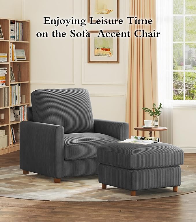 Kidirect 35.5in Oversized Accent Chair, Easy to Assemble Living Room Chairs, Corduroy Reading Chair for Bedroom, 22.5in Deeper Seats Accent Chairs for Living Room, Comfy Armchair Reading Nook, Grey