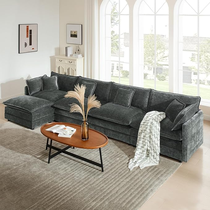 mikibama Modular Sectional Sofa, 146.5 Inch L Shaped Couch Set for Living Room, 4-Seater Comfy Cloud Couches with Movable Ottoman, DIY Combination, Chenille, Grey