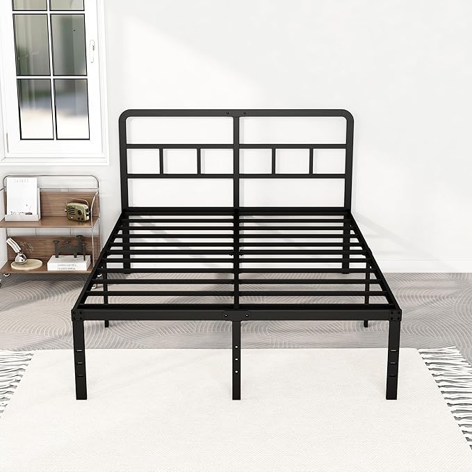 DiaOutro 18 Inch Queen Bed Frame with Headboard No Box Spring Needed, Heavy Duty Metal Queen Size Platform with Steel Slat, Mattress Foundation, Easy Assembly, Noise Free, Black