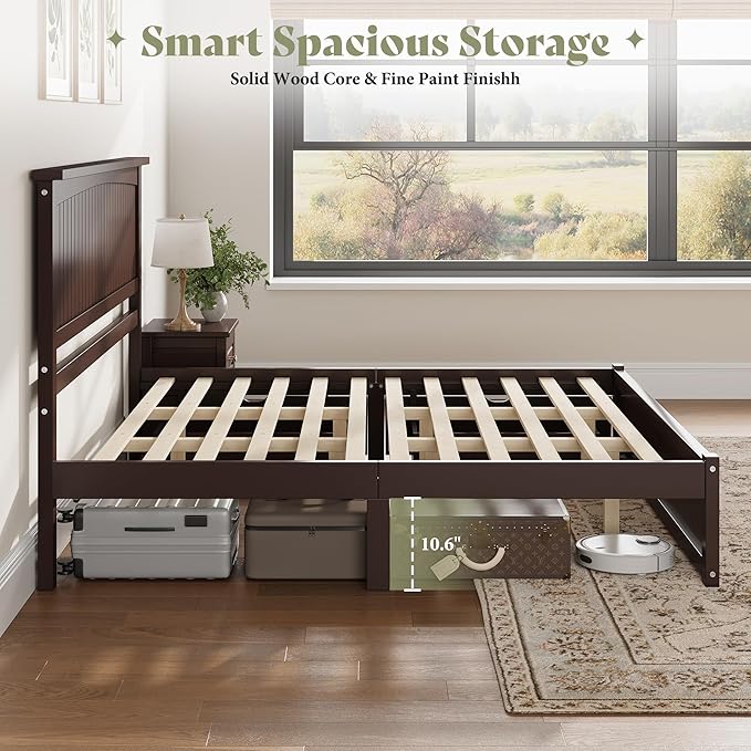 AMERLIFE Solid Wood King Size Storage Bed Frame with Headboard, Platform Bedframe with 2 Storage Drawers, Beadboard Design & Wooden Slats/No Box Spring Needed/Noise-Free, Espresso Brown Finish