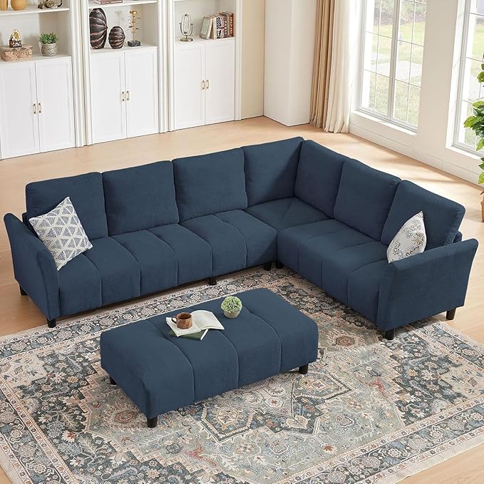 103" Convertible Sectional Sofa with Long Ottoman, Modern Upholstered Fabric L-Shaped Couch with Back Cushions, 6 Seat Sofa Couches for Living Room, Apartment, Office, Blue