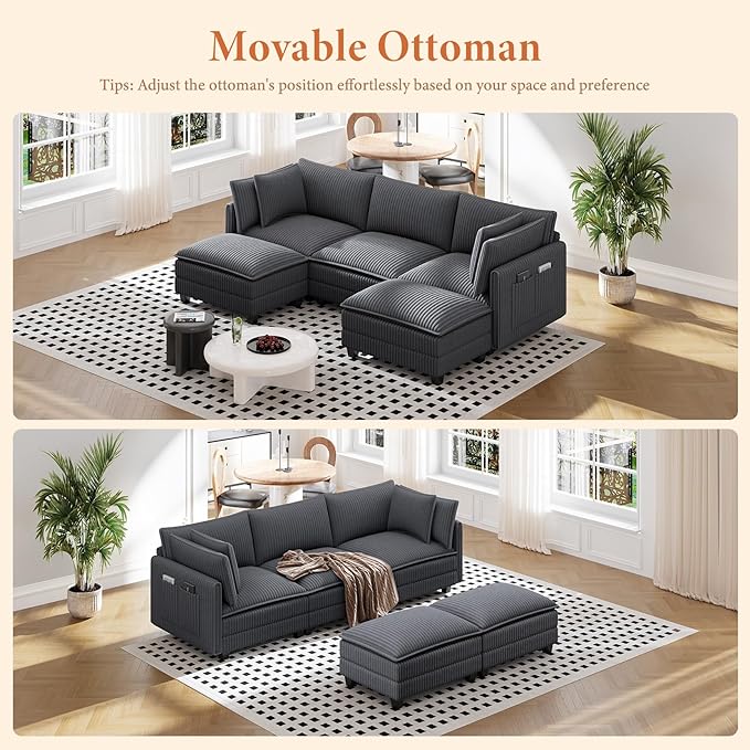 Vesgantti 109" U Shaped Cloud Sectional Sofa, Comfy Corduroy Upholstered Sectional Modular Sofas for Living Room, Modern Modular Couch with 2 Ottoman Deep Seat, Charcoal Grey