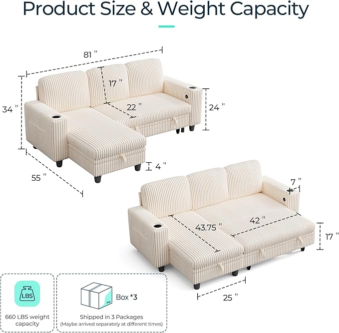 LINSY HOME Sectional Sleeper Sofa with Pull Out Couch Bed for Living Room (Beige) | Plush Corduroy, Storage Ottoman, Storage Chaise, Pull Out Couch, USB Charging